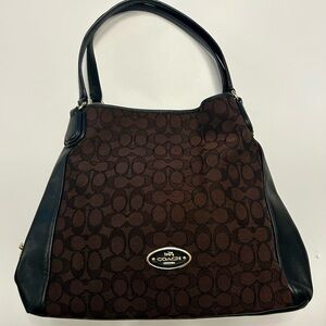 Coach Dark Brown Signature Canvas Shoulder Bag with Black Trim